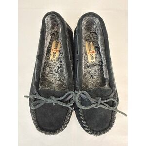Minnetonka Suede Moccasin Slippers Women 6 Black Faux Fur Lined Comfort